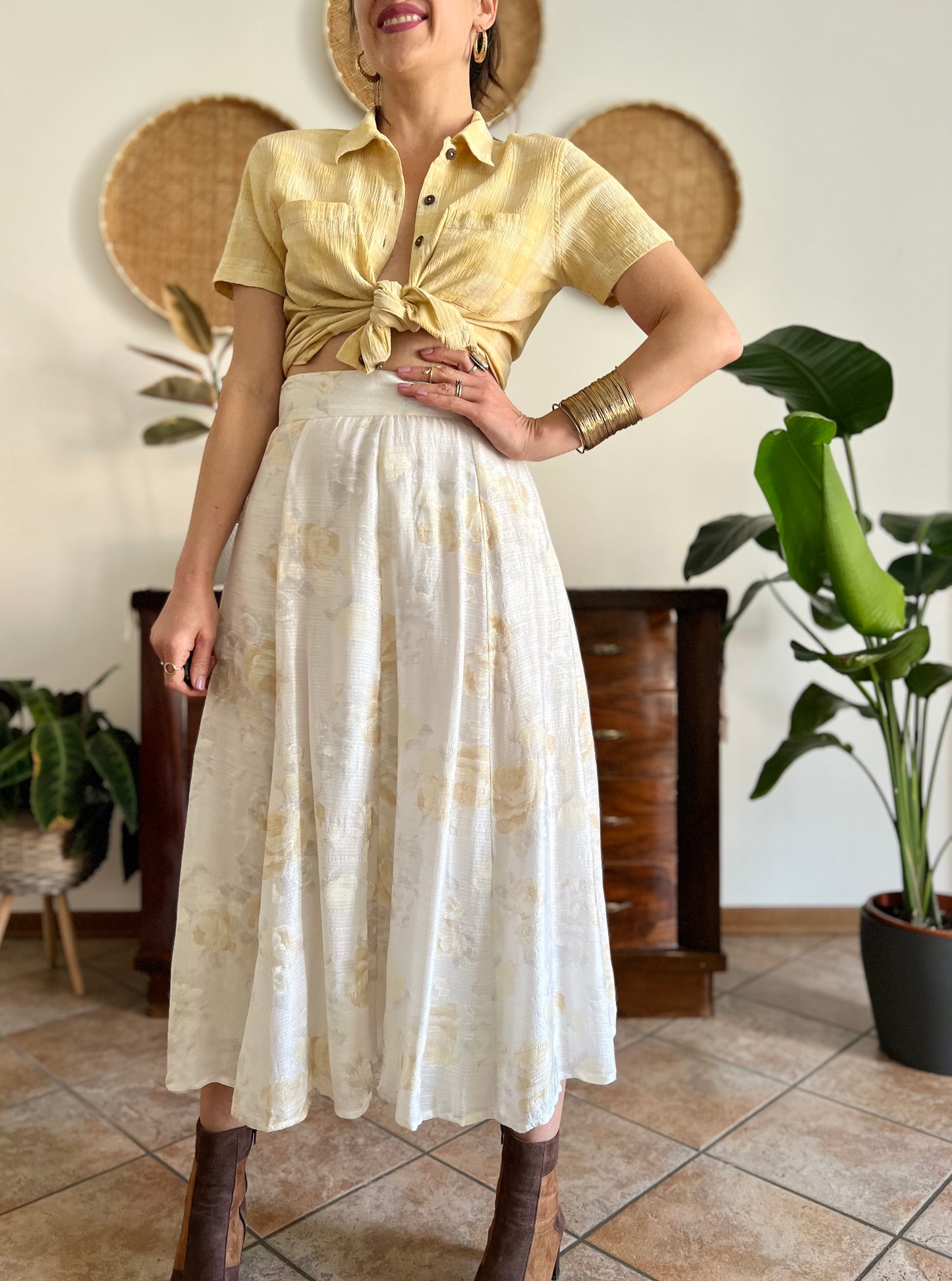 1970's vintage cream and gold iridescent textured floral woven midi skirt