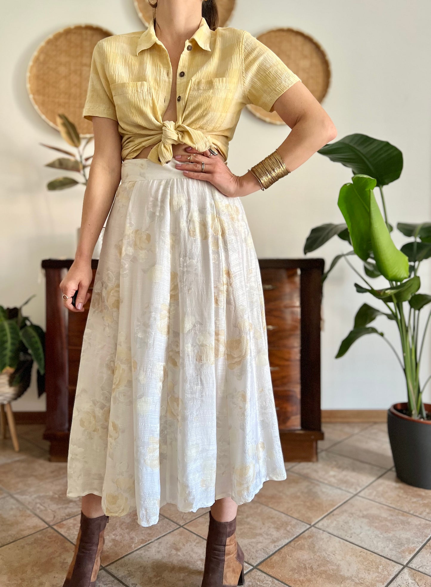 1970's vintage cream and gold iridescent textured floral woven midi skirt