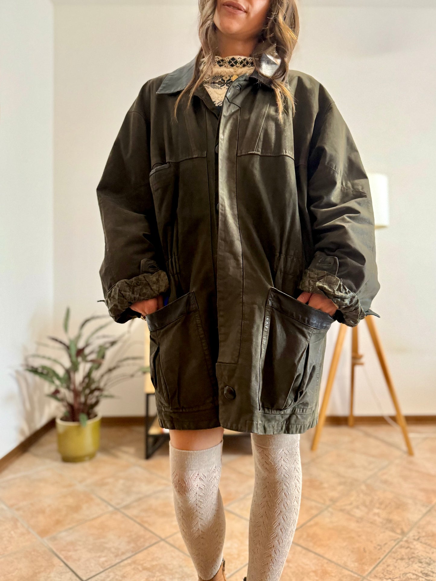 1990's vintage military green leather coat with quilted paisley lining