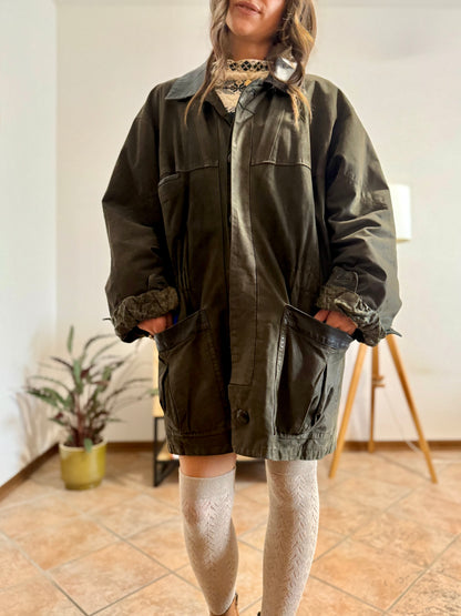 1990's vintage military green leather coat with quilted paisley lining