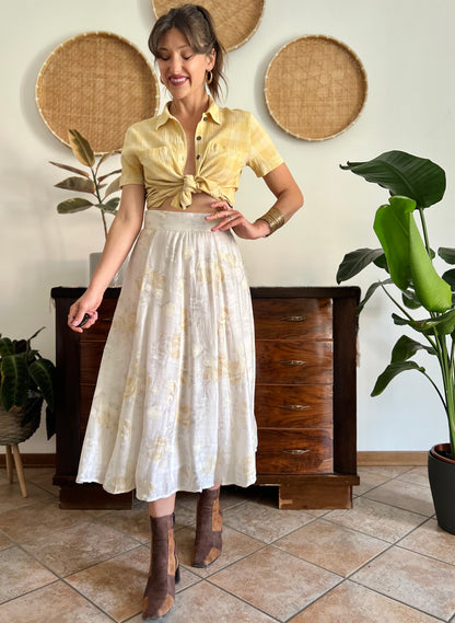 1970's vintage cream and gold iridescent textured floral woven midi skirt