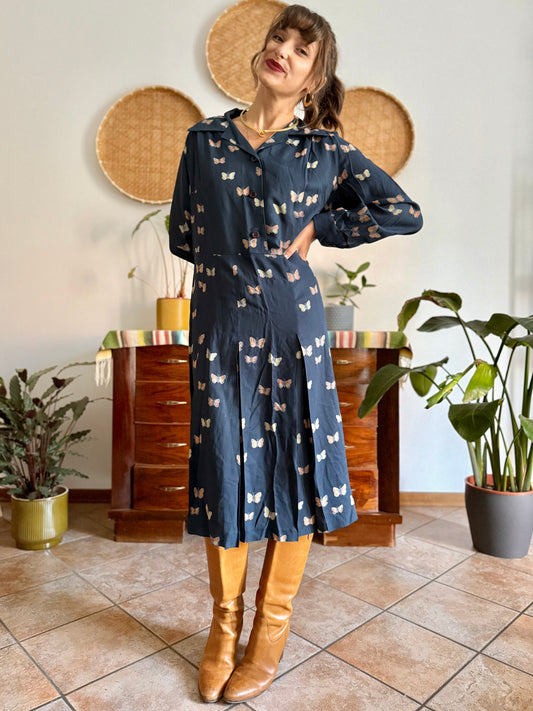 1970's vintage navy pleated midi dress with butterfly print