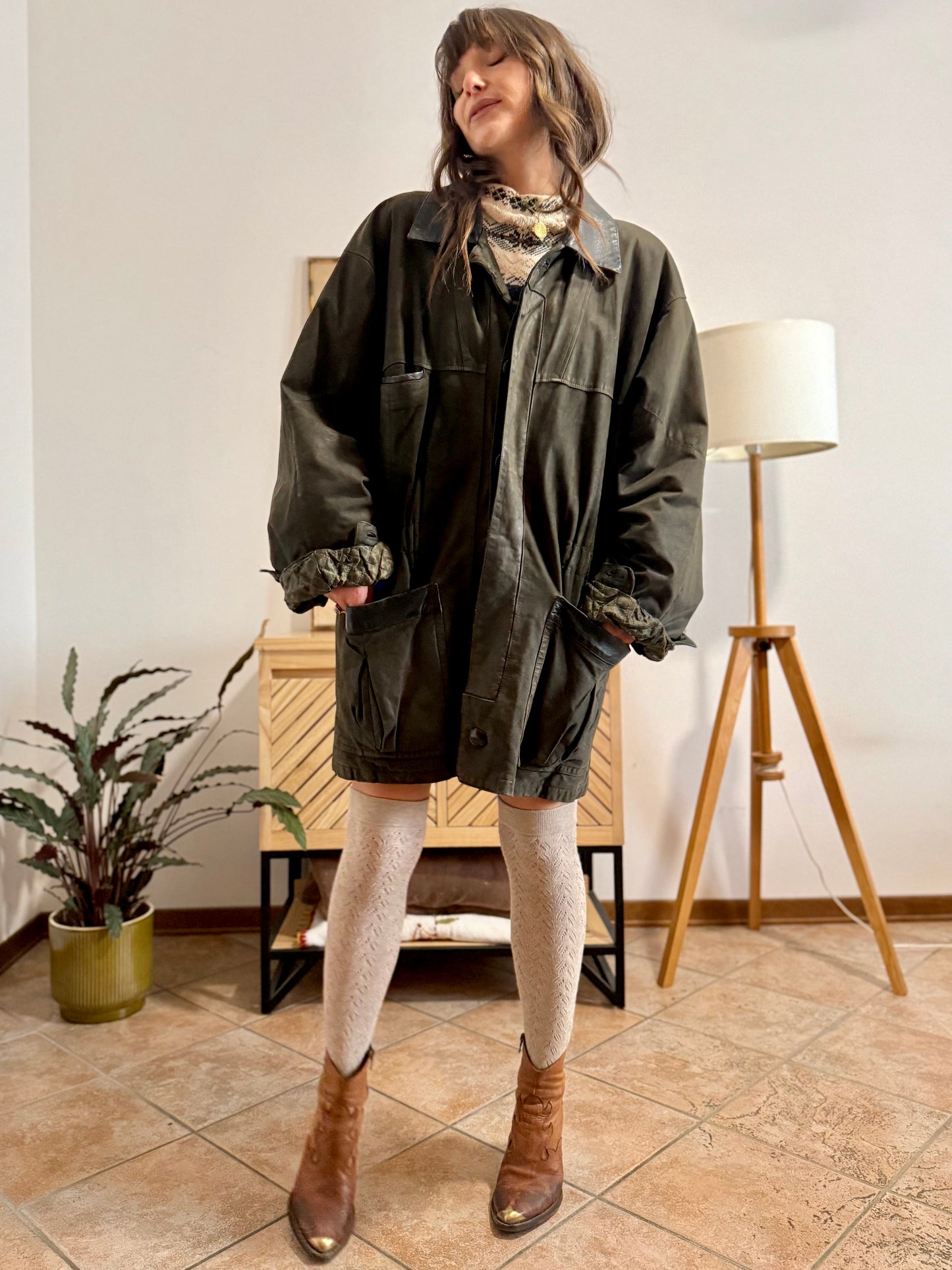 1990's vintage military green leather coat with quilted paisley lining