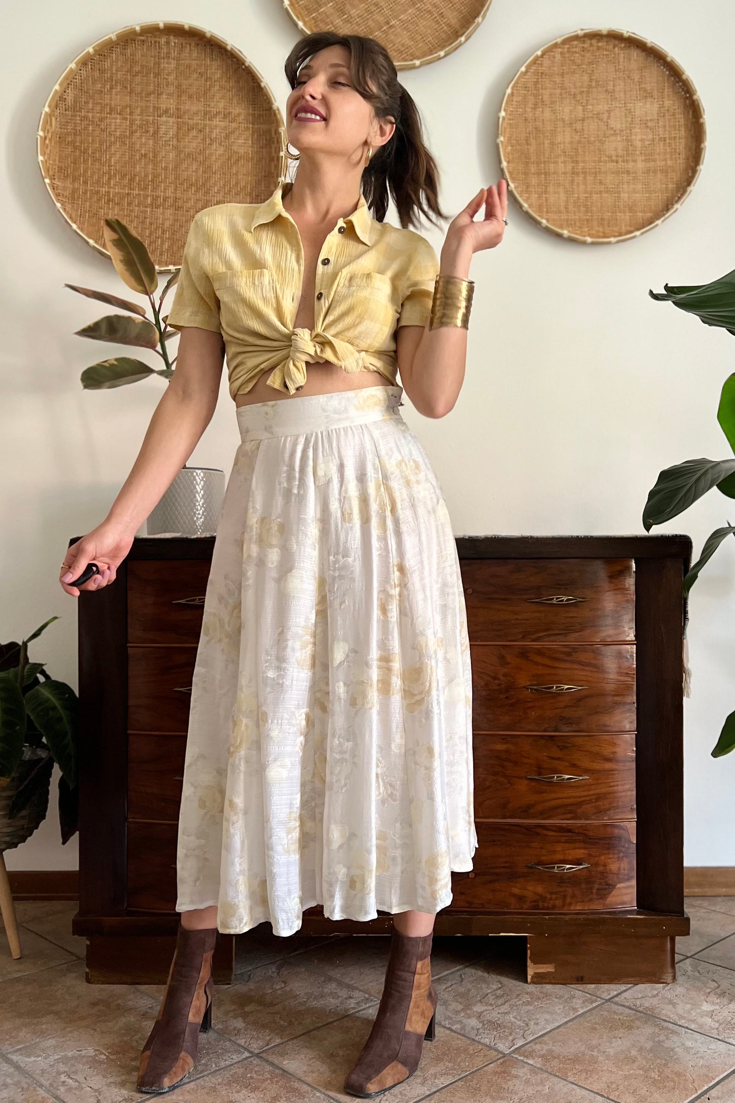 1970's vintage cream and gold iridescent textured floral woven midi skirt