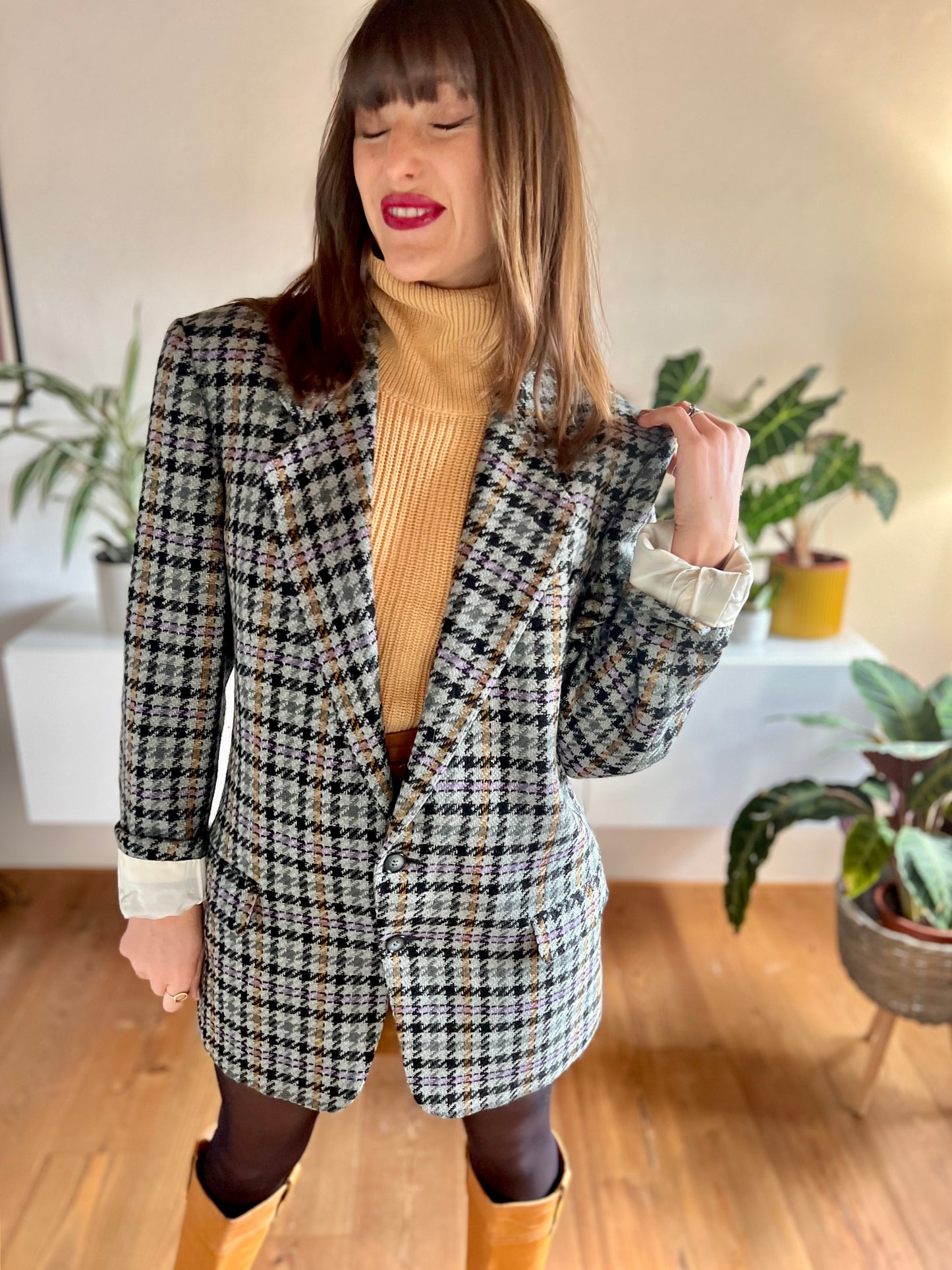 1970's vintage grey and purple oversize wool plaid houndstooth blazer