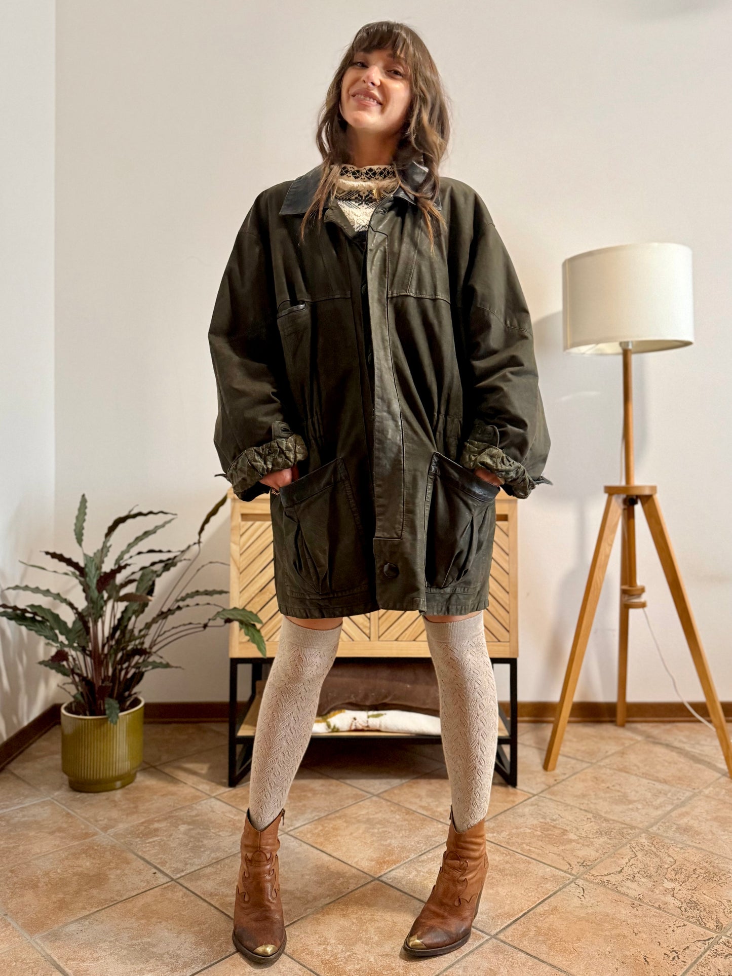 1990's vintage military green leather coat with quilted paisley lining