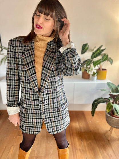 1970's vintage grey and purple oversize wool plaid houndstooth blazer