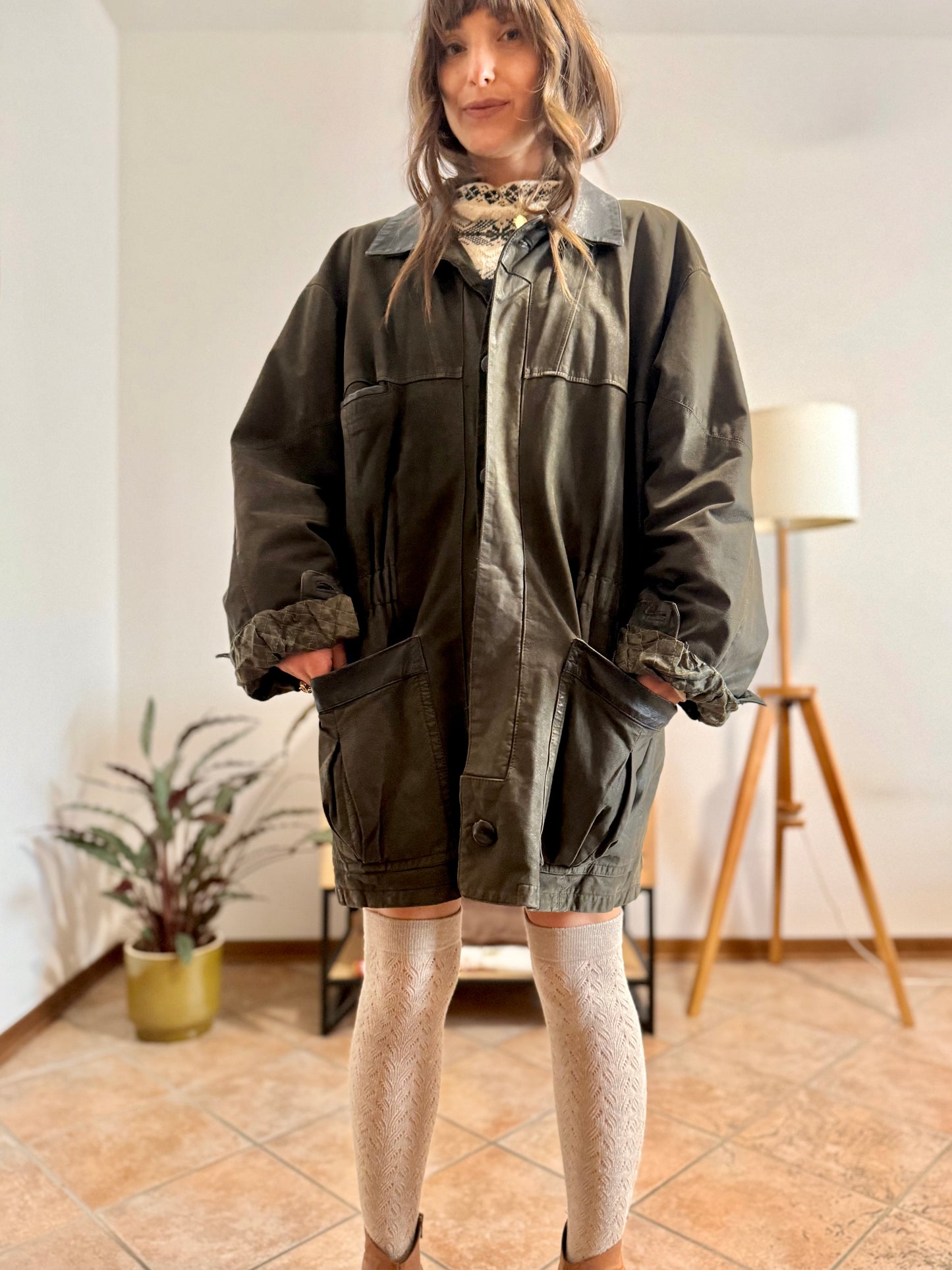 1990's vintage military green leather coat with quilted paisley lining