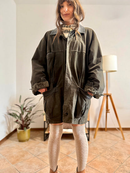 1990's vintage military green leather coat with quilted paisley lining