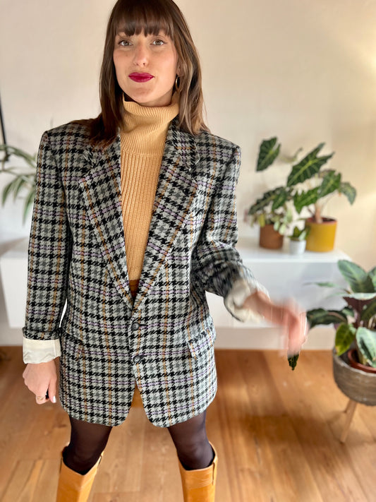 1970's vintage grey and purple oversize wool plaid houndstooth blazer