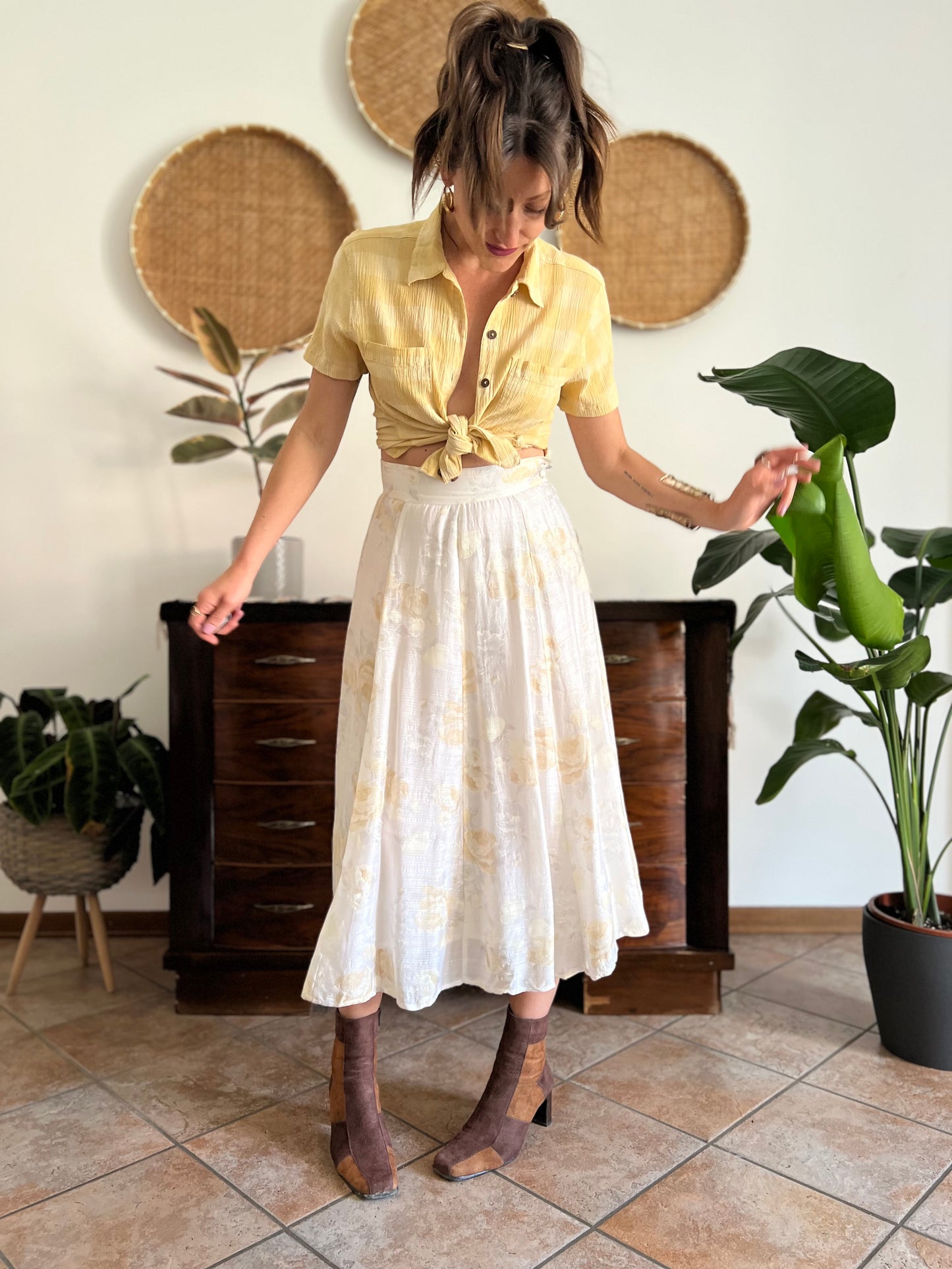1970's vintage cream and gold iridescent textured floral woven midi skirt