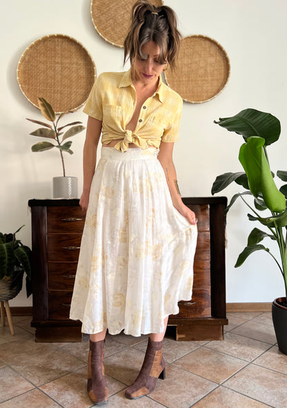 1970's vintage cream and gold iridescent textured floral woven midi skirt