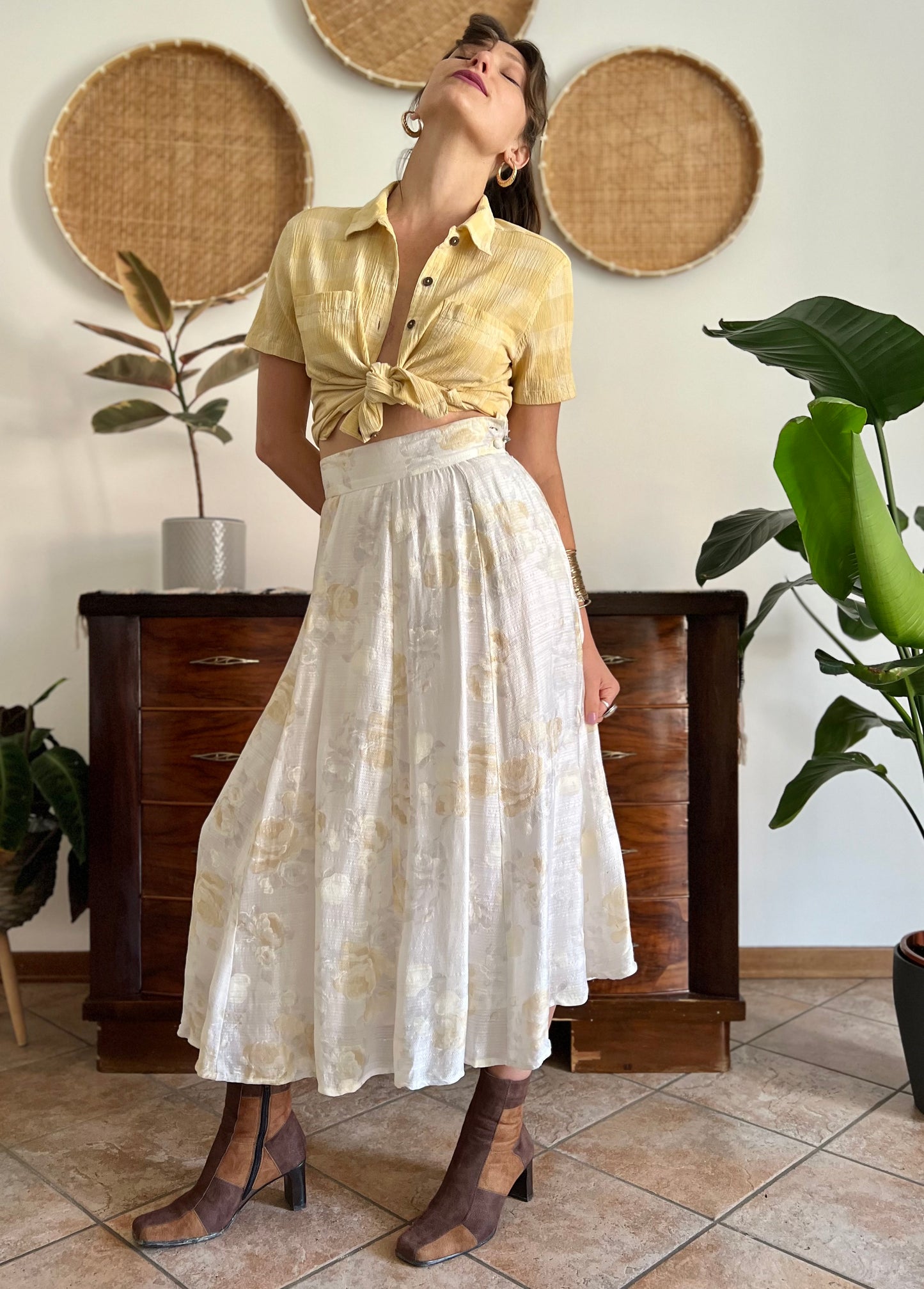 1970's vintage cream and gold iridescent textured floral woven midi skirt