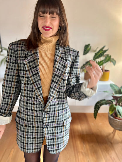 1970's vintage grey and purple oversize wool plaid houndstooth blazer