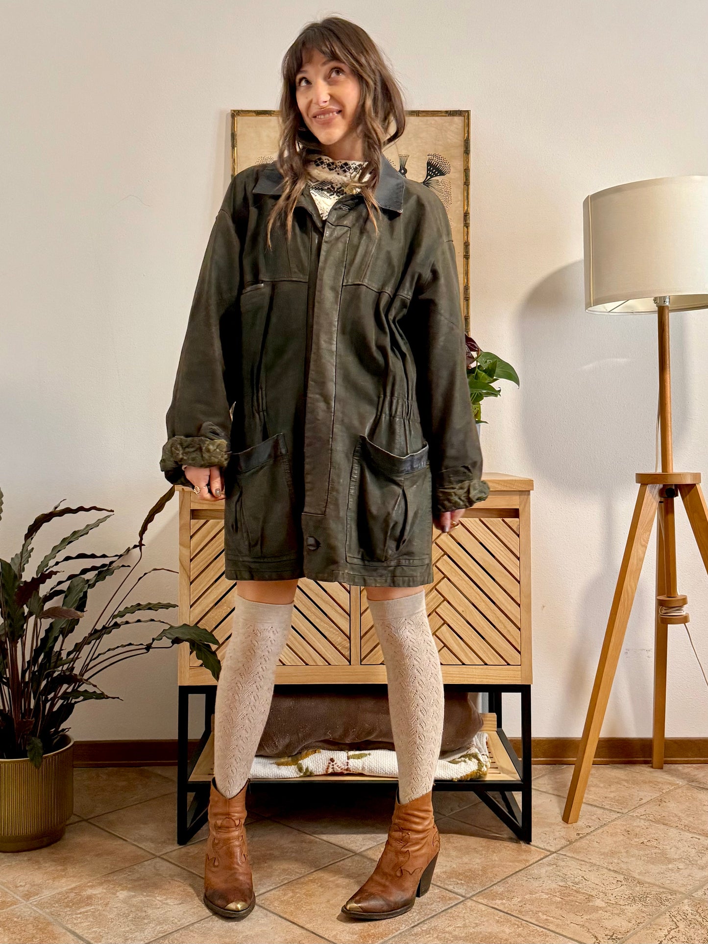 1990's vintage military green leather coat with quilted paisley lining