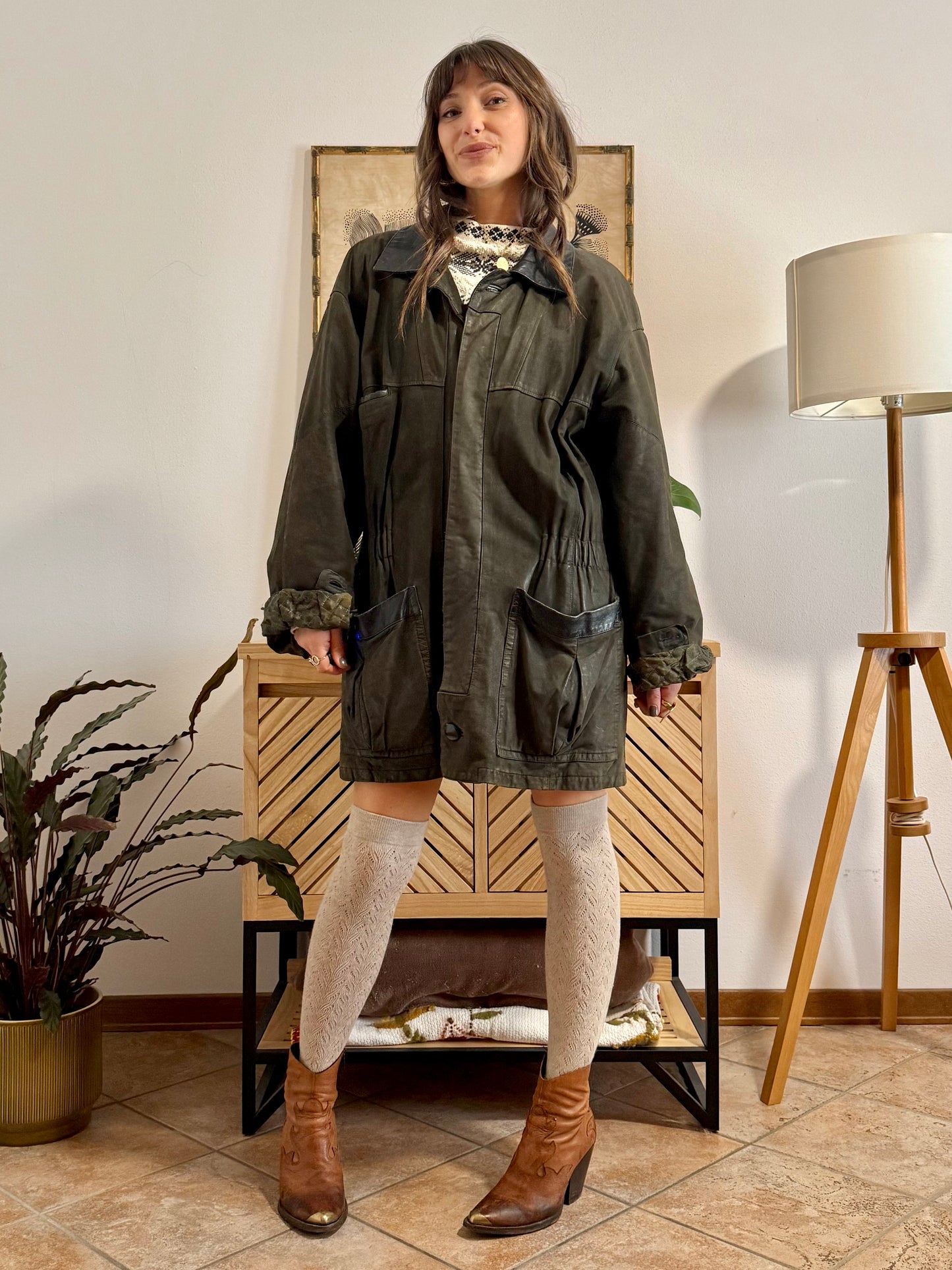 1990's vintage military green leather coat with quilted paisley lining