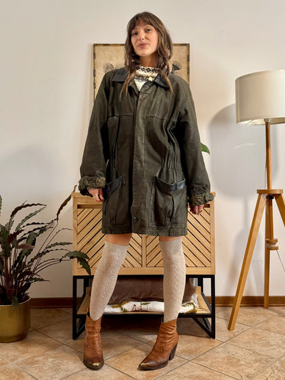 1990's vintage military green leather coat with quilted paisley lining