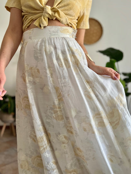 1970's vintage cream and gold iridescent textured floral woven midi skirt