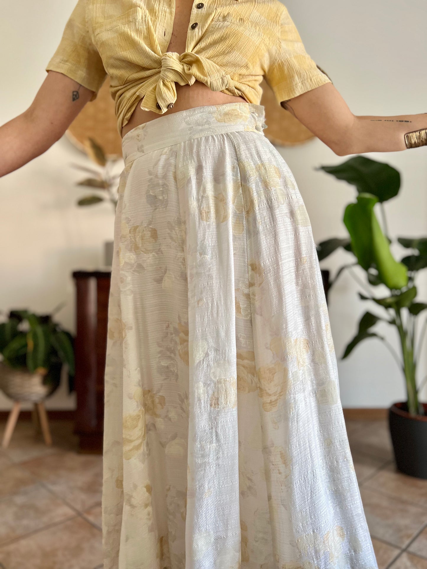 1970's vintage cream and gold iridescent textured floral woven midi skirt
