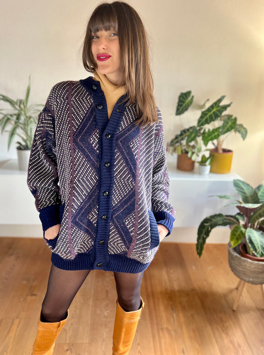 1980's vintage oversize navy blue and purple thick knit cardigan