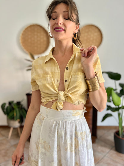 1990's vintage butter yellow and cream textured plaid shirt