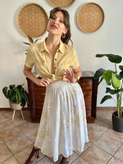 1970's vintage cream and gold iridescent textured floral woven midi skirt