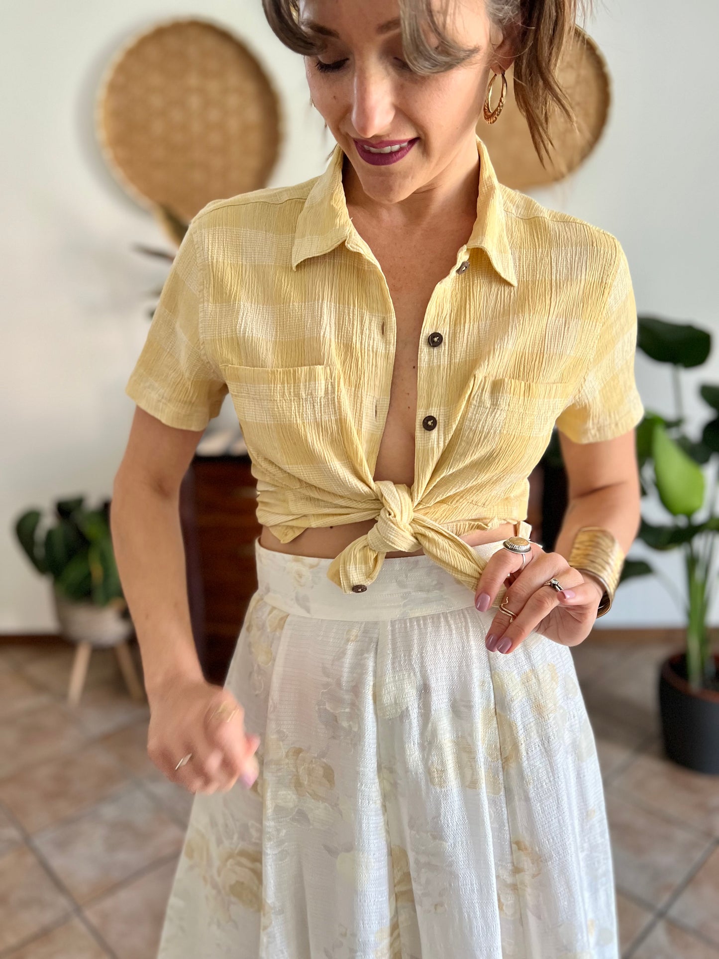 1990's vintage butter yellow and cream textured plaid shirt