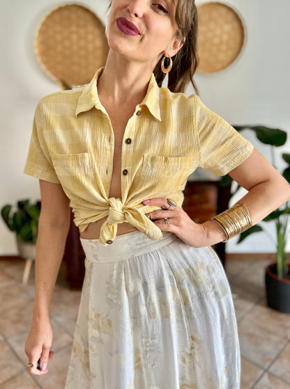 1990's vintage butter yellow and cream textured plaid shirt