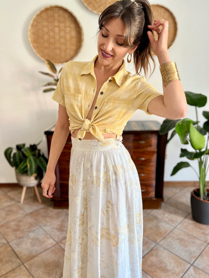 1990's vintage butter yellow and cream textured plaid shirt