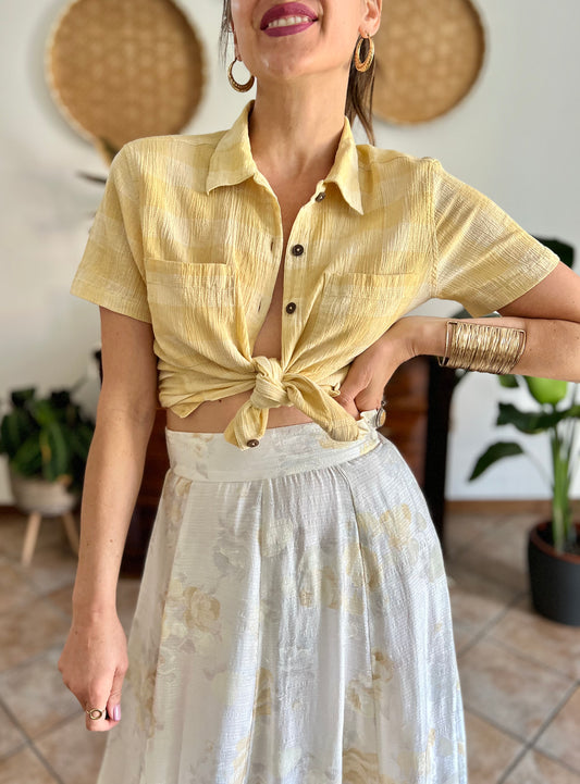 1990's vintage butter yellow and cream textured plaid shirt