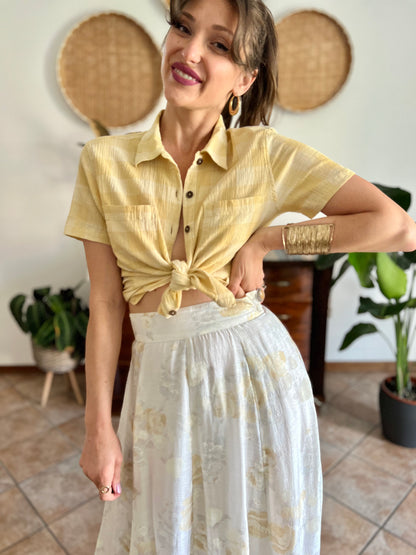 1990's vintage butter yellow and cream textured plaid shirt