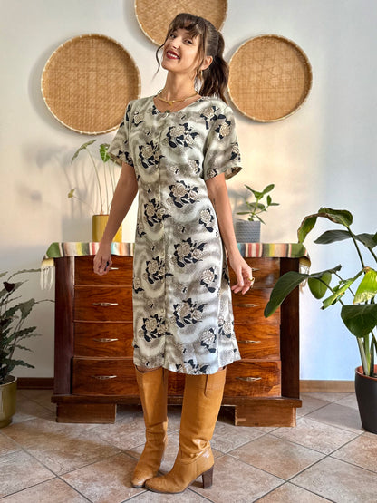 1970's vintage beige midi dress with navy and tan all over floral print