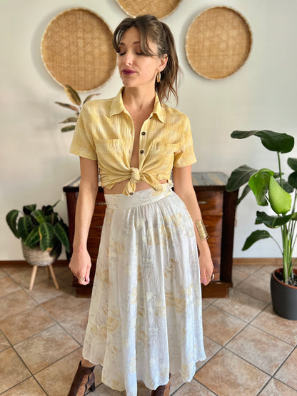 1990's vintage butter yellow and cream textured plaid shirt
