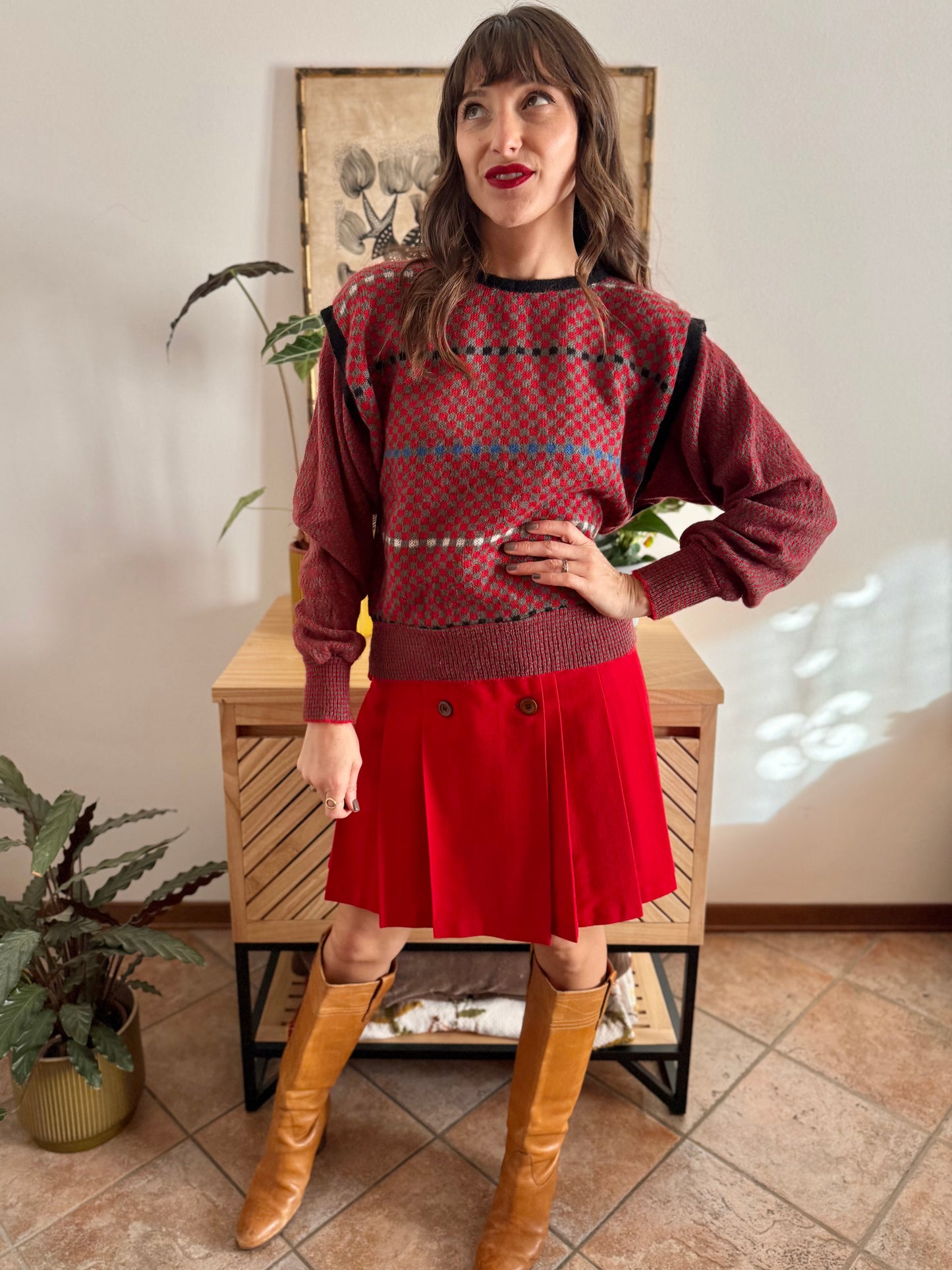 1970's vintage red, grey and blue square pattern knit mohair pullover