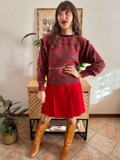 1970's vintage red, grey and blue square pattern knit mohair pullover