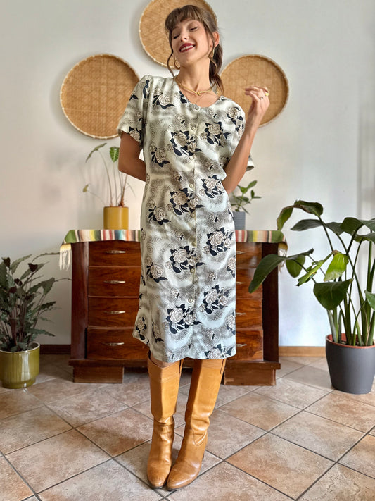 1970's vintage beige midi dress with navy and tan all over floral print