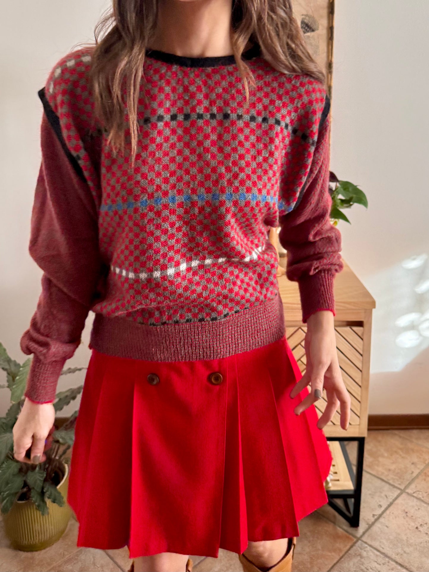 1970's vintage red, grey and blue square pattern knit mohair pullover