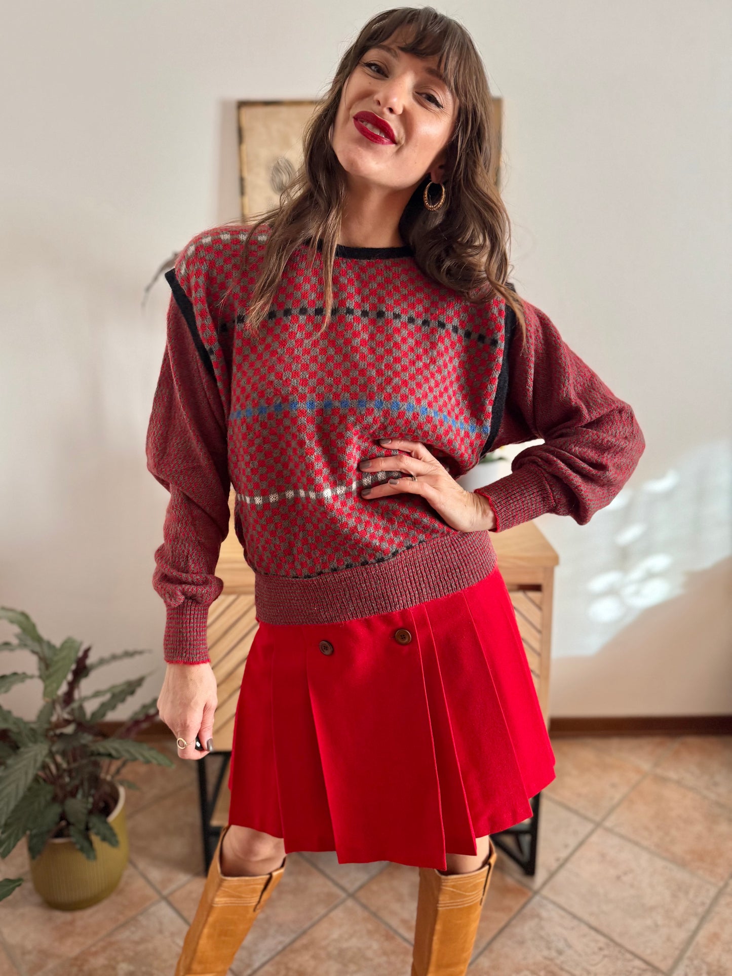 1970's vintage red, grey and blue square pattern knit mohair pullover