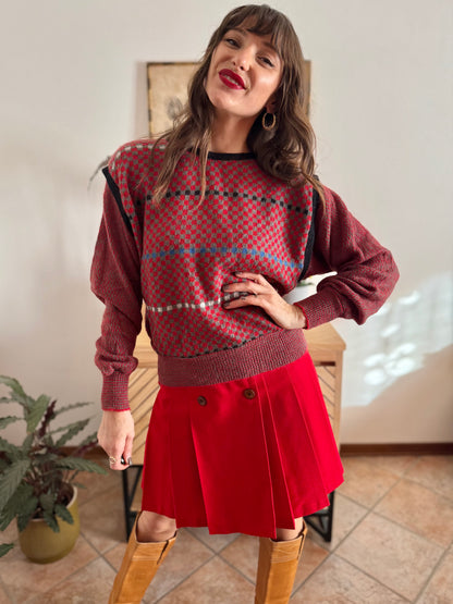 1970's vintage red, grey and blue square pattern knit mohair pullover