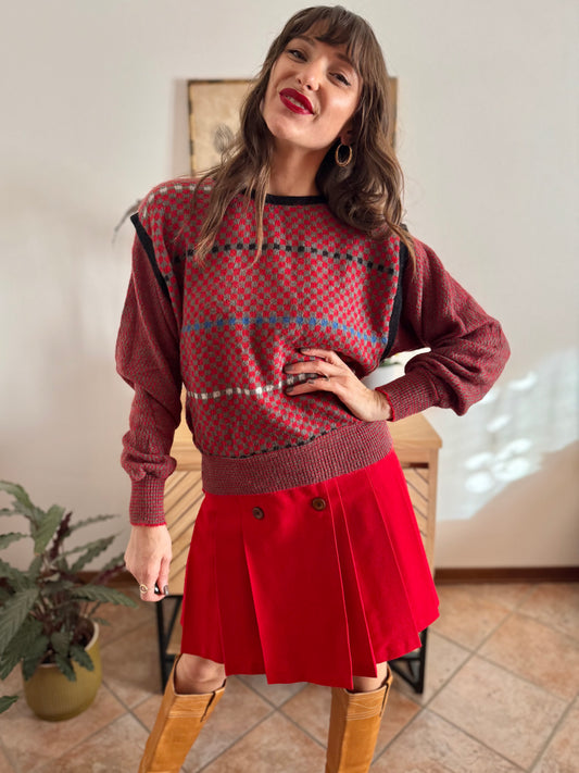 1970's vintage red, grey and blue square pattern knit mohair pullover