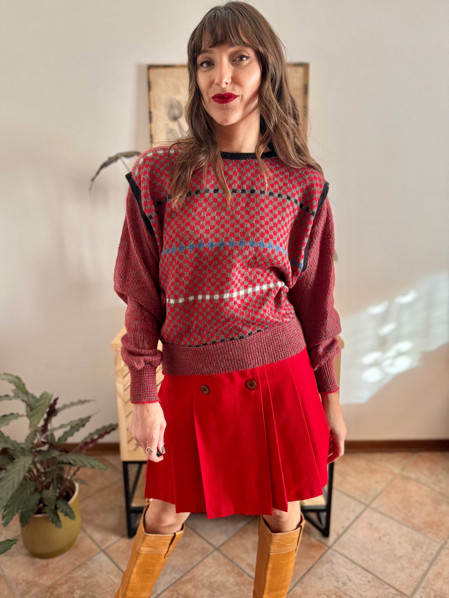 1970's vintage red, grey and blue square pattern knit mohair pullover