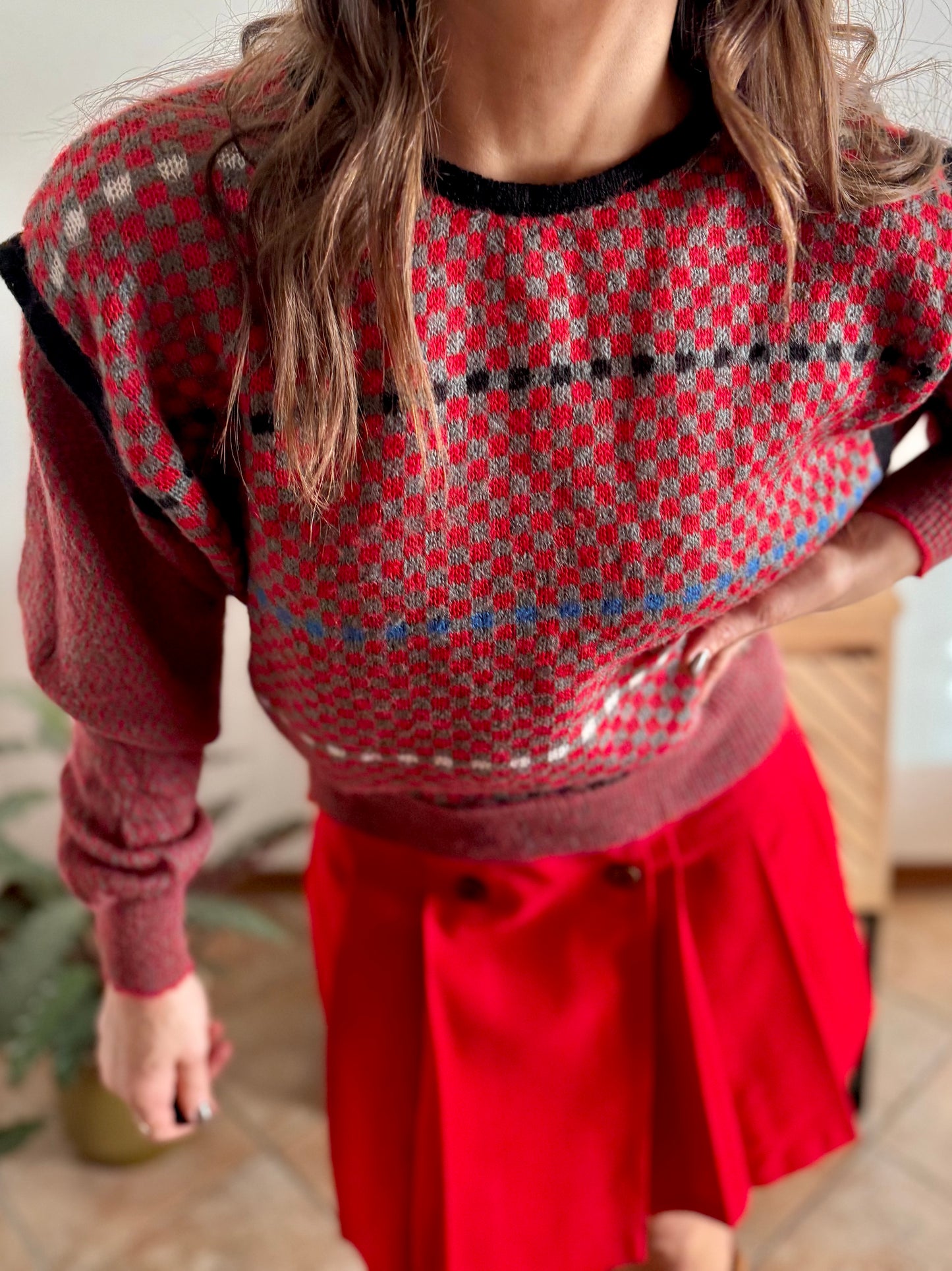 1970's vintage red, grey and blue square pattern knit mohair pullover