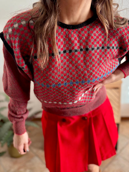 1970's vintage red, grey and blue square pattern knit mohair pullover