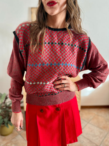 1970's vintage red, grey and blue square pattern knit mohair pullover