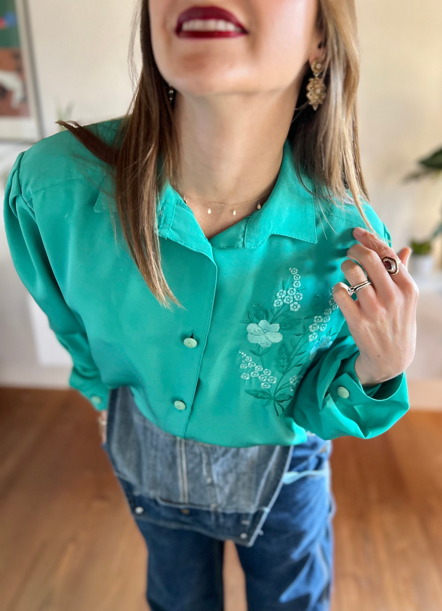 1980's vintage green blouse with embroidered floral details