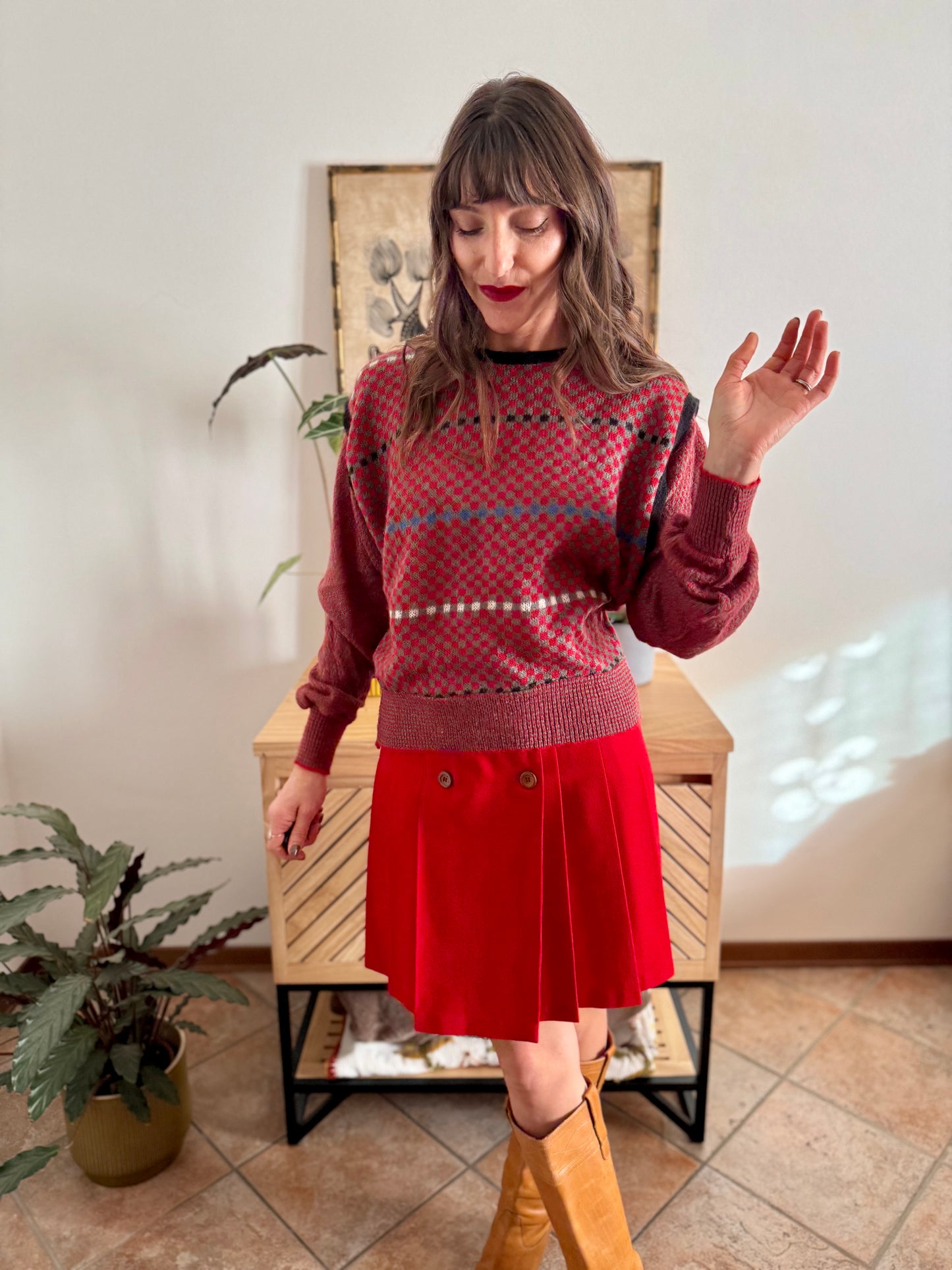 1970's vintage red, grey and blue square pattern knit mohair pullover