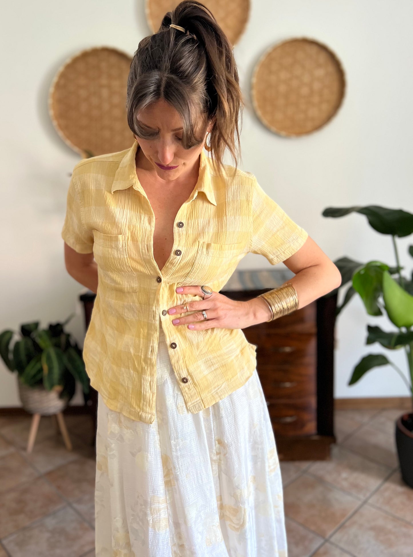 1990's vintage butter yellow and cream textured plaid shirt