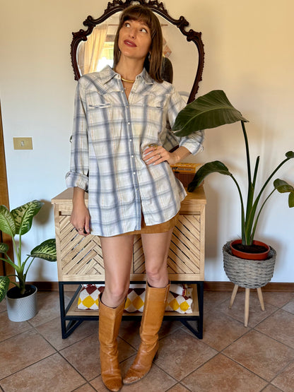 1990's vintage light blue, cream and beige western pearl snap shirt