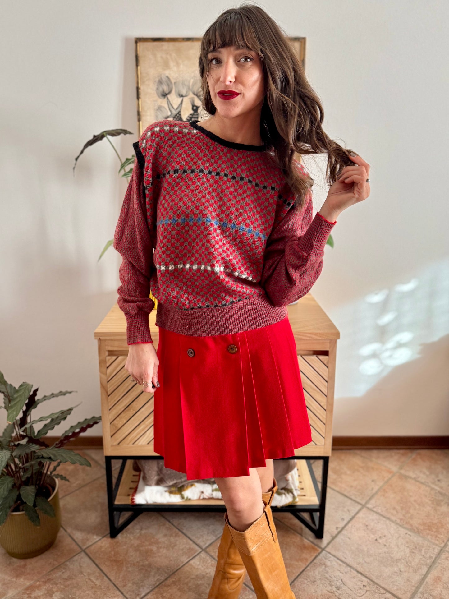 1970's vintage red, grey and blue square pattern knit mohair pullover