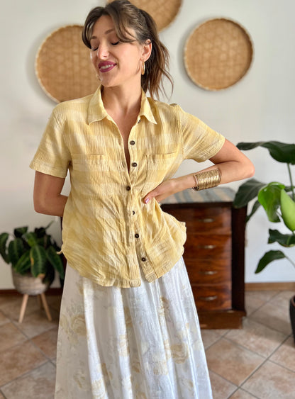 1990's vintage butter yellow and cream textured plaid shirt